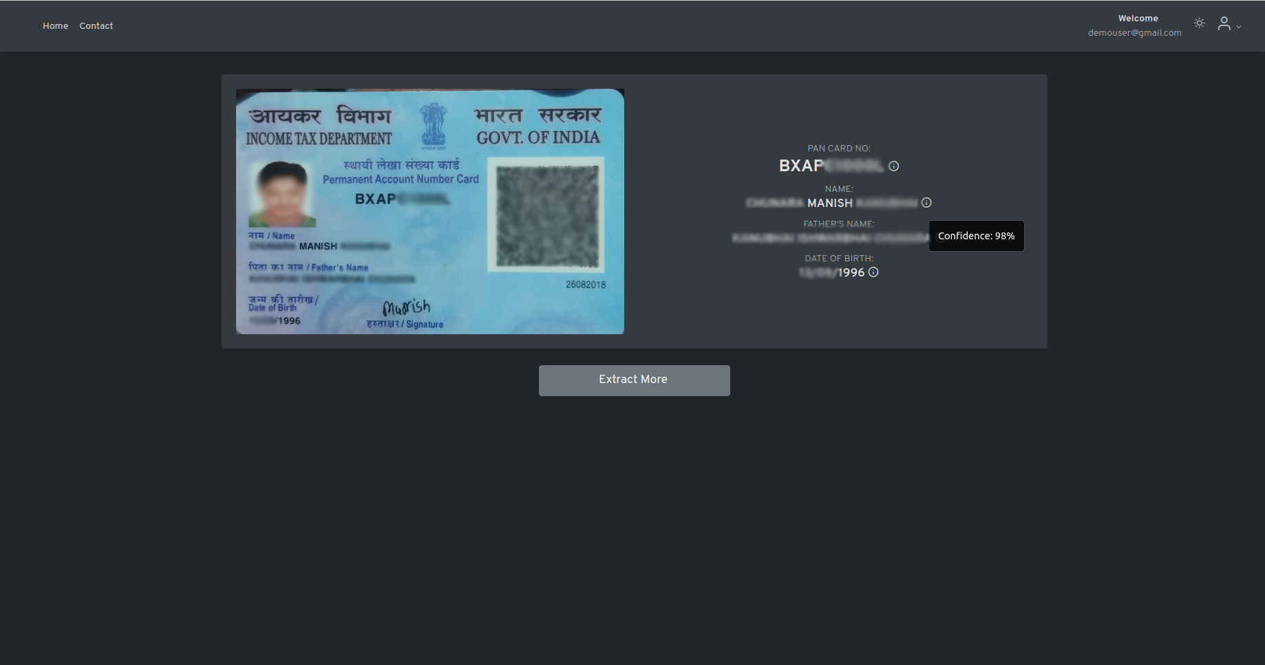 
Screenshot of artificial intelligence powered FastKYC app for digitising PAN cards issued by Government of India.

